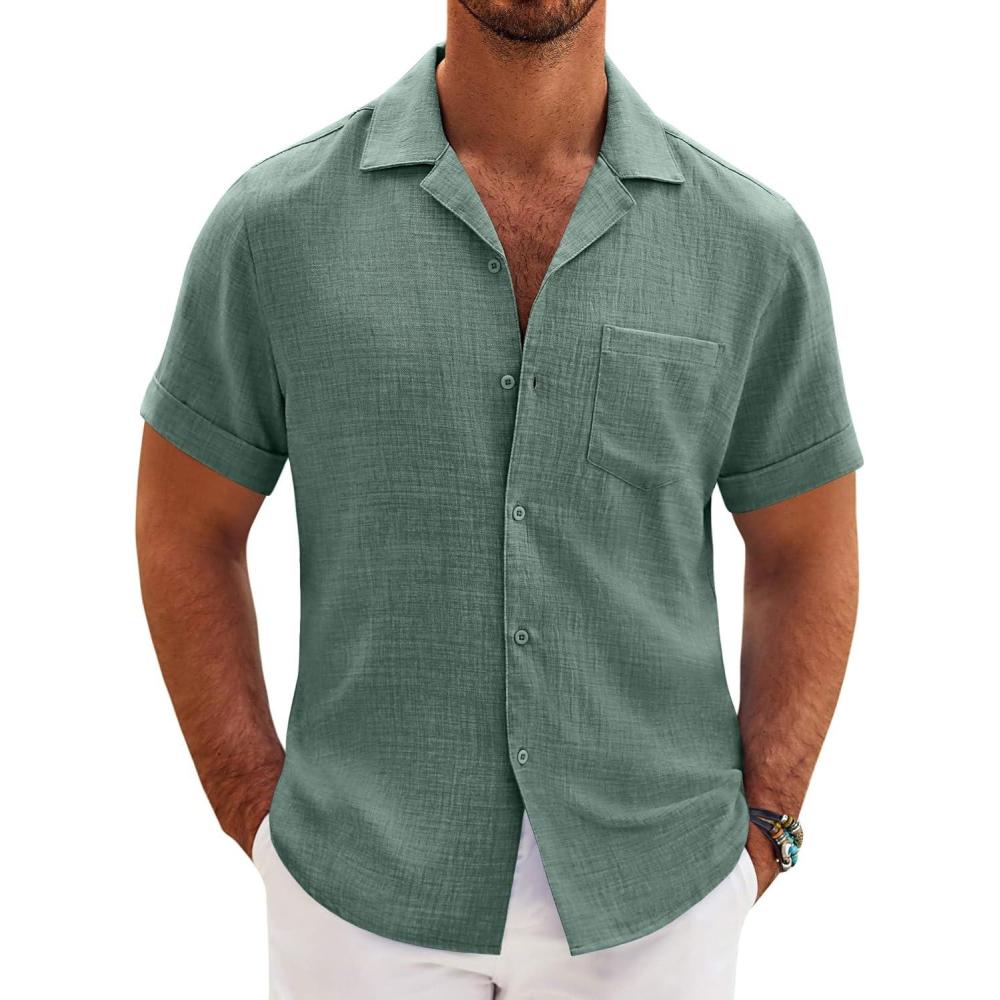 imageCOOFANDY Mens Casual Short Sleeve Button Down Shirts Cuban Linen Textured Shirt Summer Beach WearGrey Green