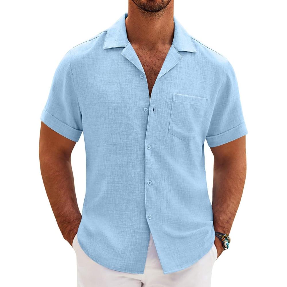 imageCOOFANDY Mens Casual Short Sleeve Button Down Shirts Cuban Linen Textured Shirt Summer Beach WearLight Blue