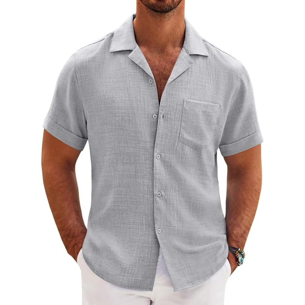 imageCOOFANDY Mens Casual Short Sleeve Button Down Shirts Cuban Linen Textured Shirt Summer Beach WearLight Gray
