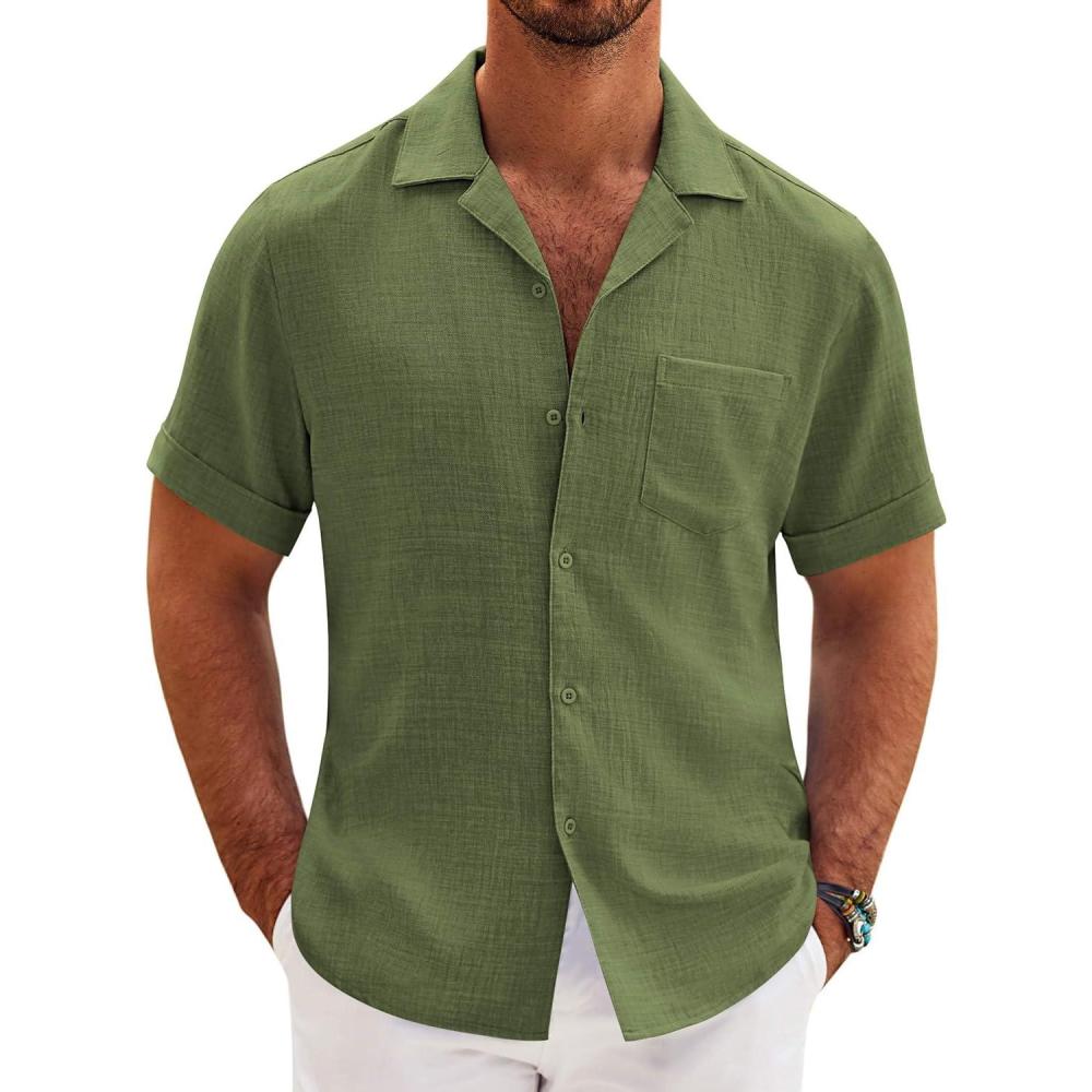 imageCOOFANDY Mens Casual Short Sleeve Button Down Shirts Cuban Linen Textured Shirt Summer Beach WearOlive Green
