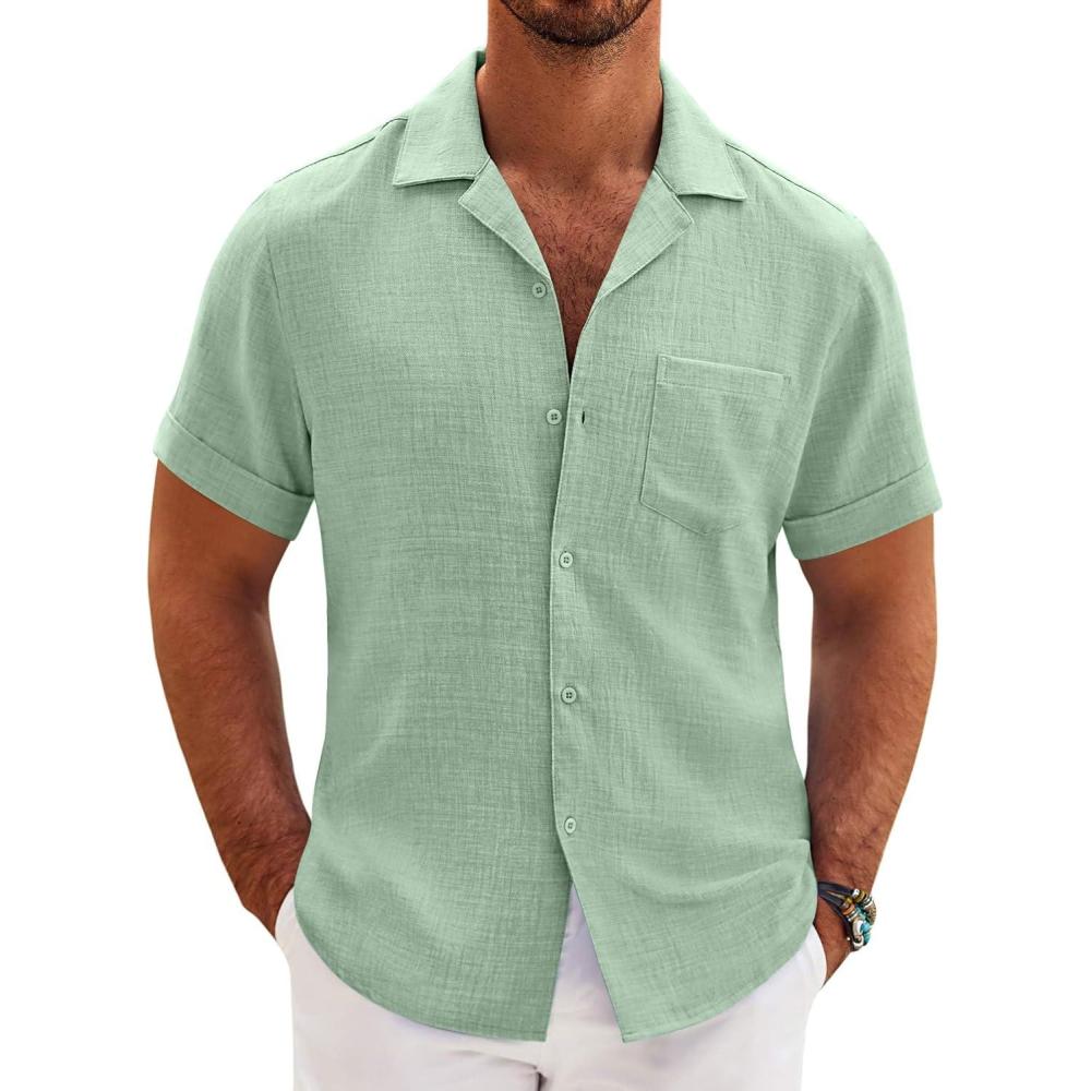 imageCOOFANDY Mens Casual Short Sleeve Button Down Shirts Cuban Linen Textured Shirt Summer Beach WearSage Green
