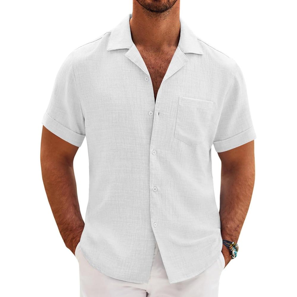 imageCOOFANDY Mens Casual Short Sleeve Button Down Shirts Cuban Linen Textured Shirt Summer Beach WearWhite