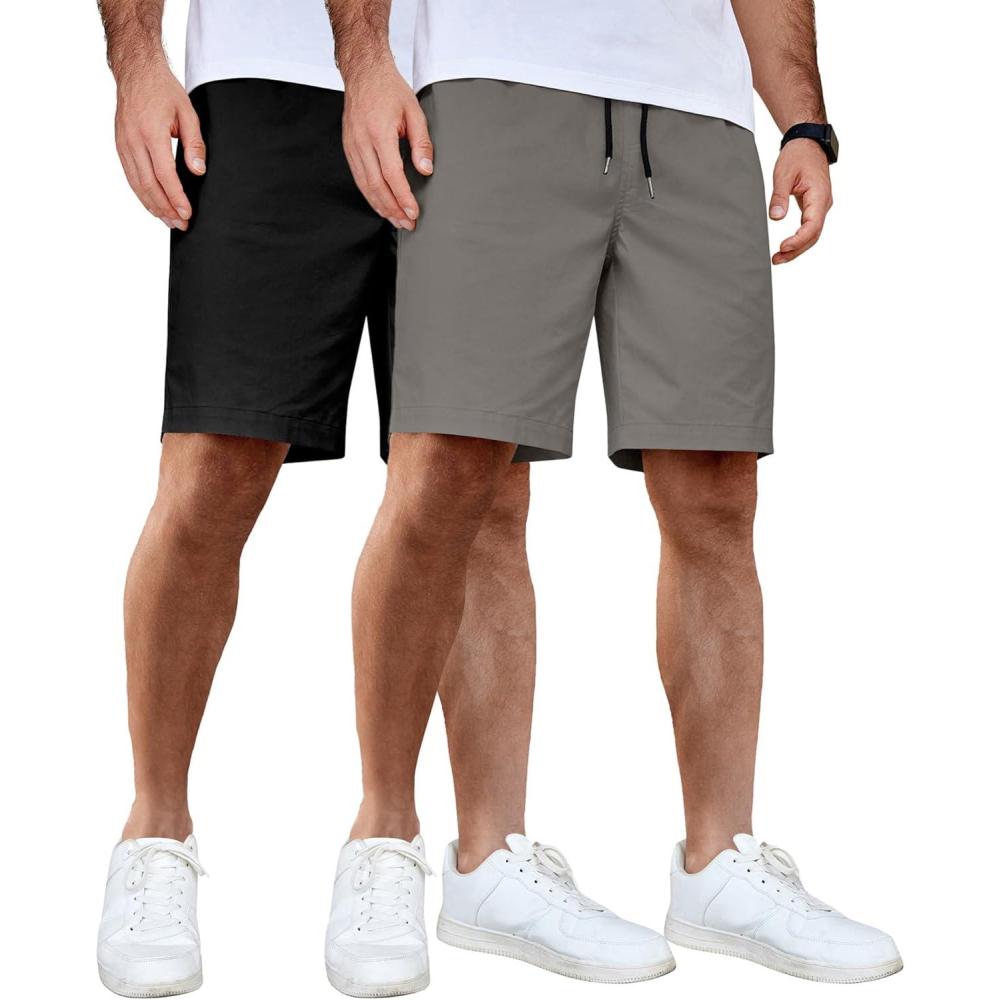 imageCOOFANDY Mens Casual Shorts Cotton Elastic Waist Drawstring Shorts Lightweight Summer Beach Shorts2 Pack  Dark Grey  Black