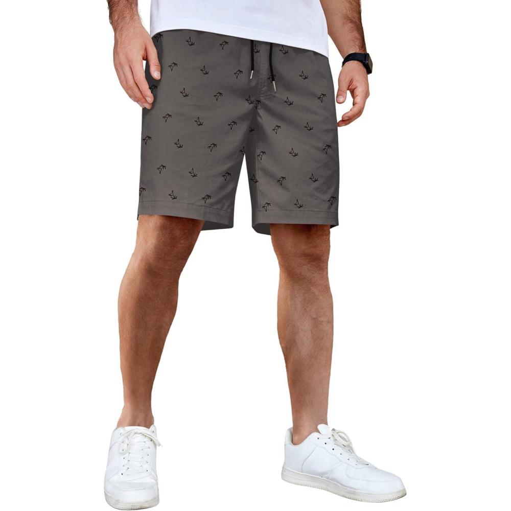 imageCOOFANDY Mens Casual Shorts Cotton Elastic Waist Drawstring Shorts Lightweight Summer Beach ShortsCoconut Tree Dark Grey