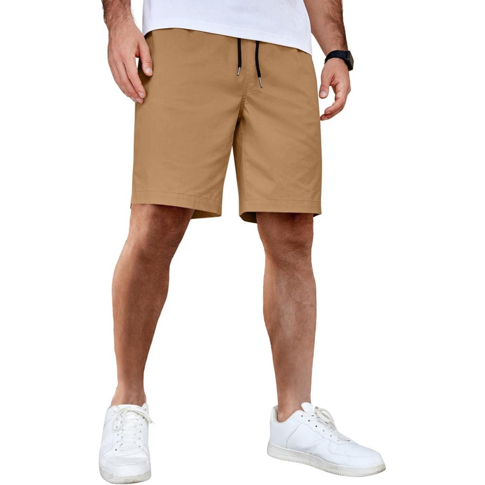 imageCOOFANDY Mens Casual Shorts Cotton Elastic Waist Drawstring Shorts Lightweight Summer Beach ShortsDark Khaki