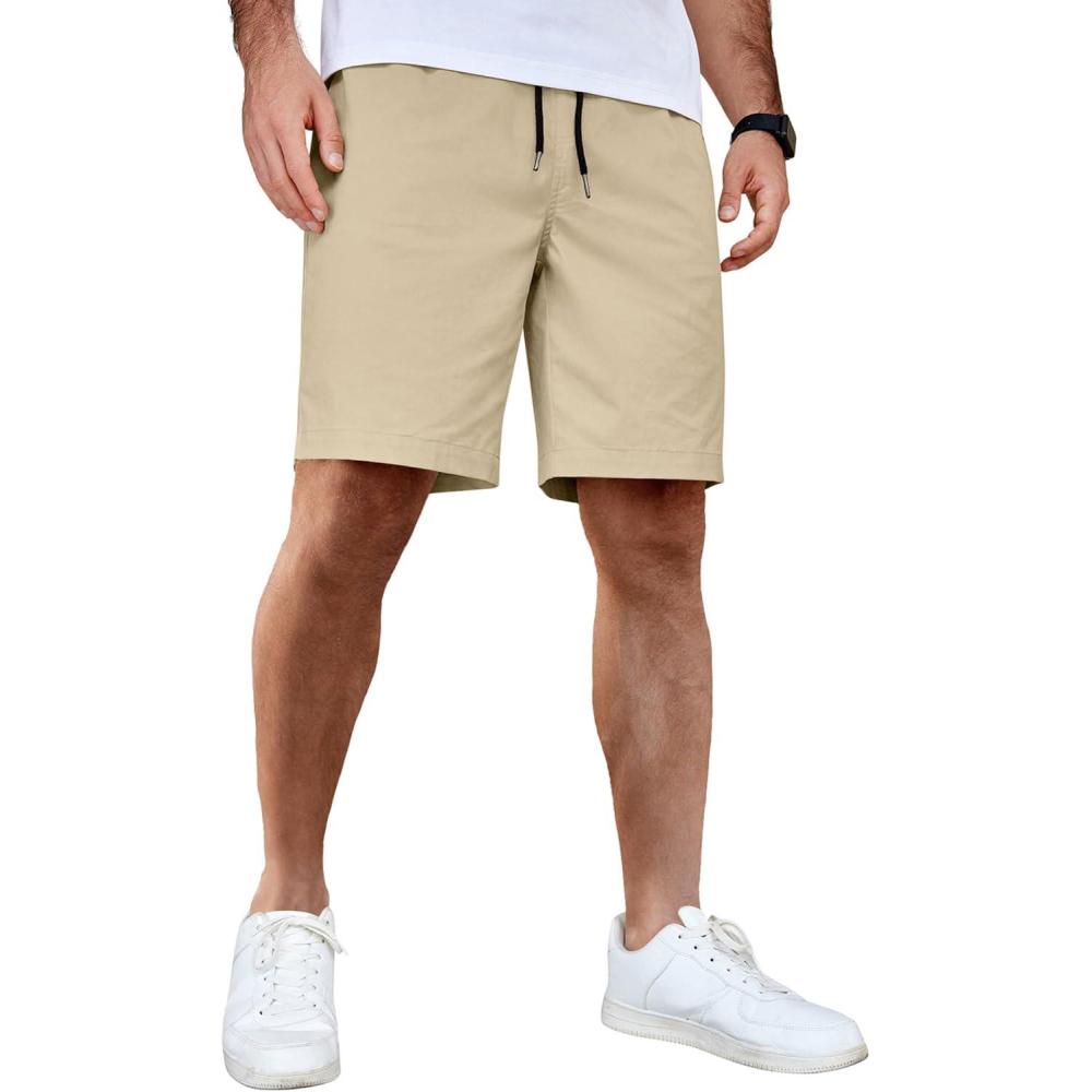 imageCOOFANDY Mens Casual Shorts Cotton Elastic Waist Drawstring Shorts Lightweight Summer Beach ShortsKhaki