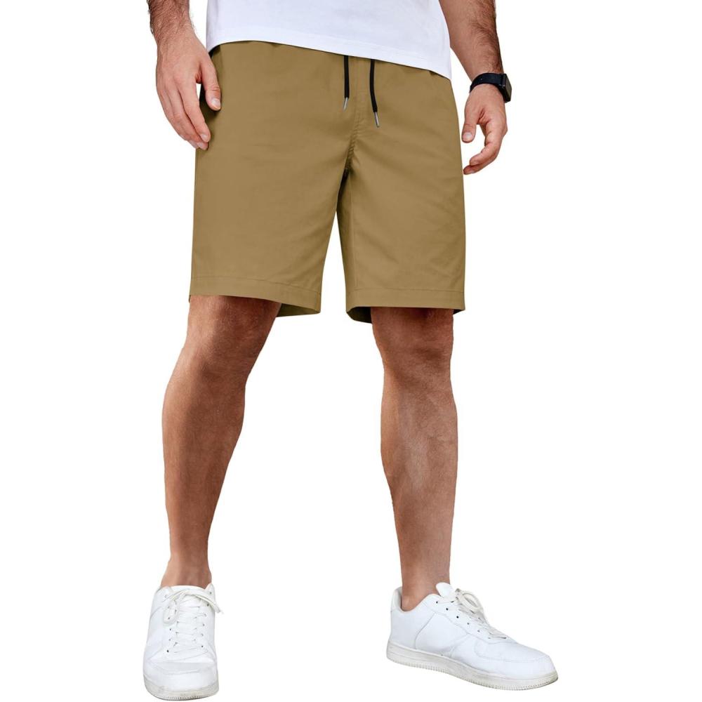 imageCOOFANDY Mens Casual Shorts Cotton Elastic Waist Drawstring Shorts Lightweight Summer Beach ShortsLight Brown