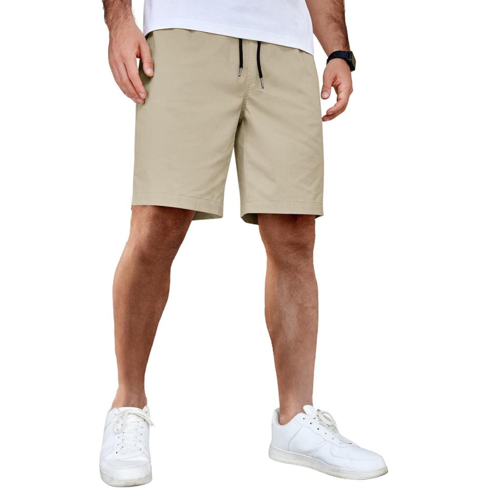 imageCOOFANDY Mens Casual Shorts Cotton Elastic Waist Drawstring Shorts Lightweight Summer Beach ShortsLight Khaki