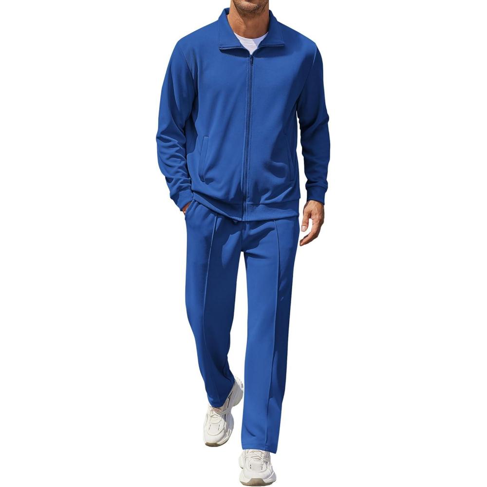 imageCOOFANDY Mens Casual Sweatsuit 2 Piece Athletic Full Zip Tracksuit Jacquard Jogging Set Fashion Jackets And Pants OutfitBlue