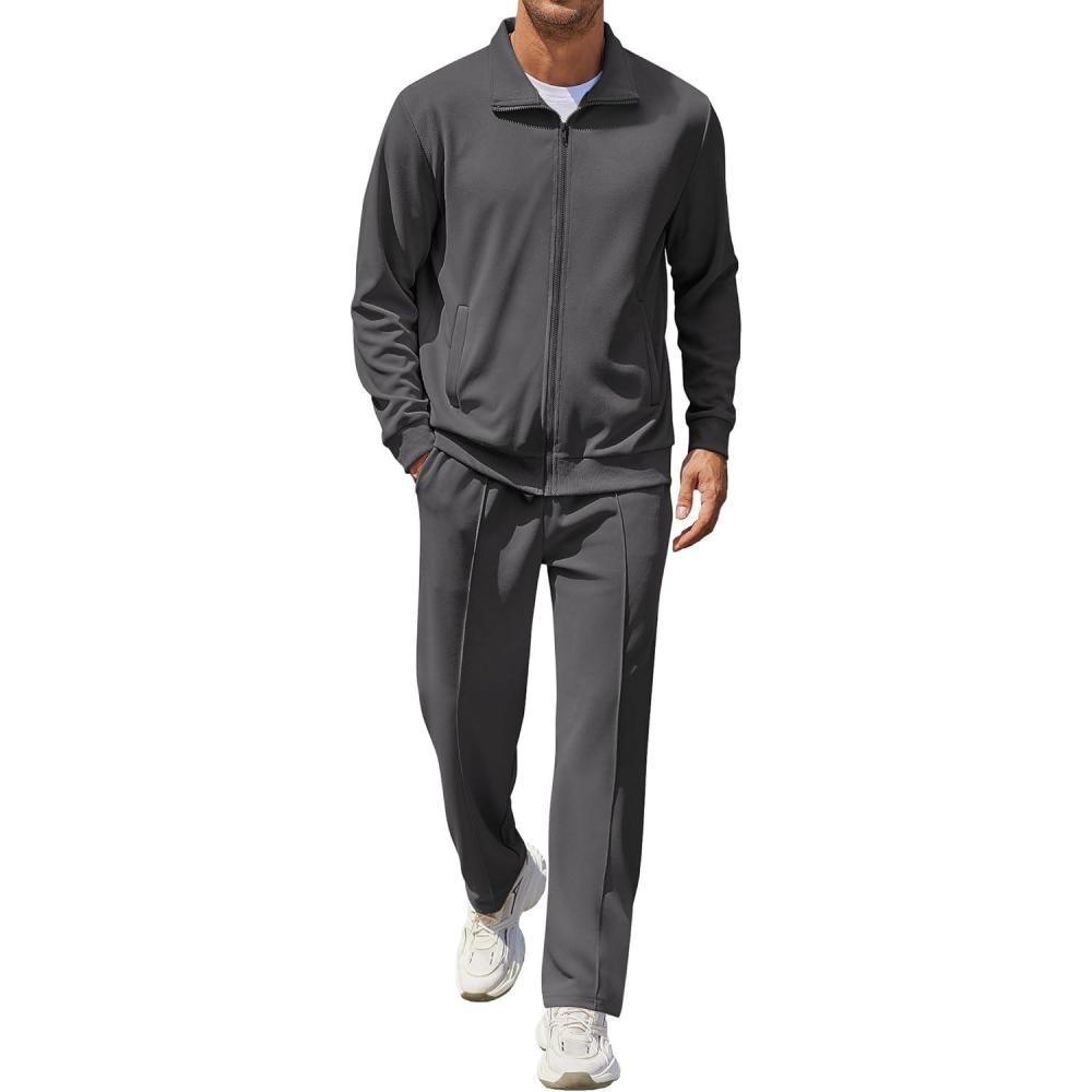 imageCOOFANDY Mens Casual Sweatsuit 2 Piece Athletic Full Zip Tracksuit Jacquard Jogging Set Fashion Jackets And Pants OutfitDark Grey