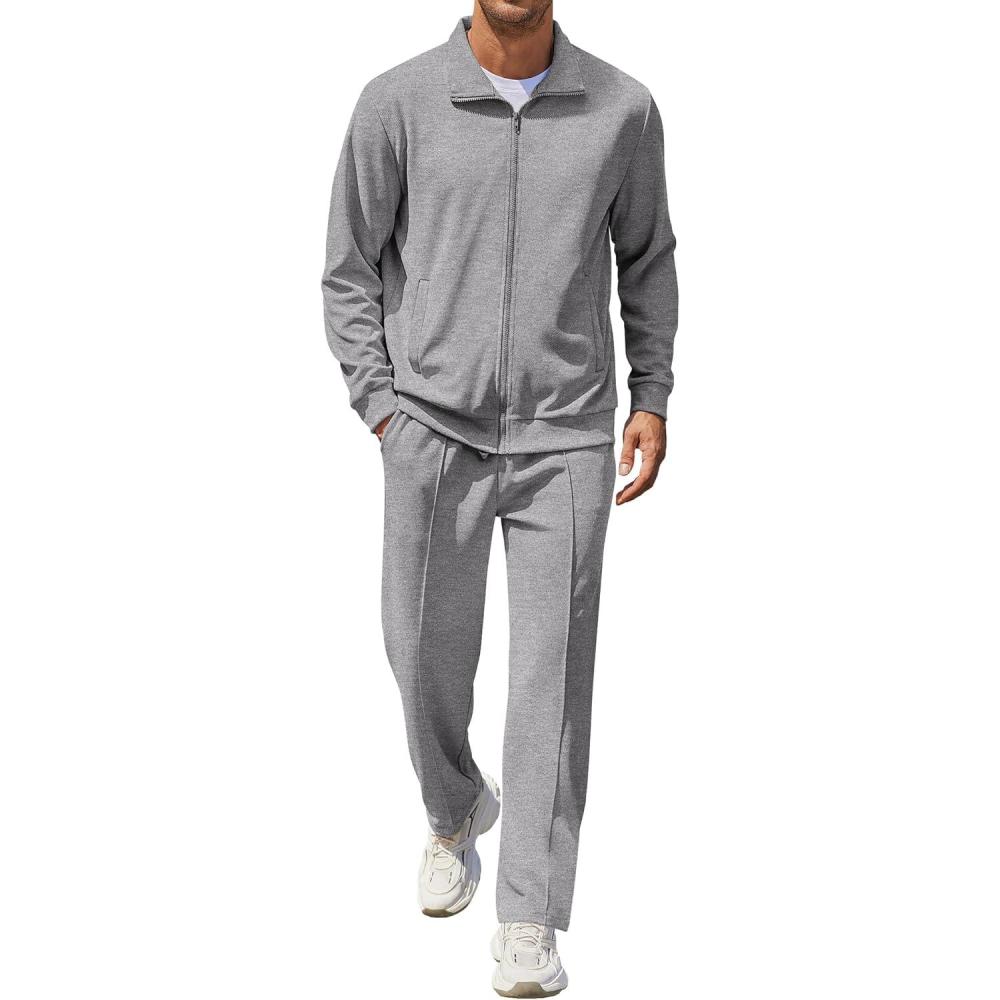 imageCOOFANDY Mens Casual Sweatsuit 2 Piece Athletic Full Zip Tracksuit Jacquard Jogging Set Fashion Jackets And Pants OutfitLight Grey Textile