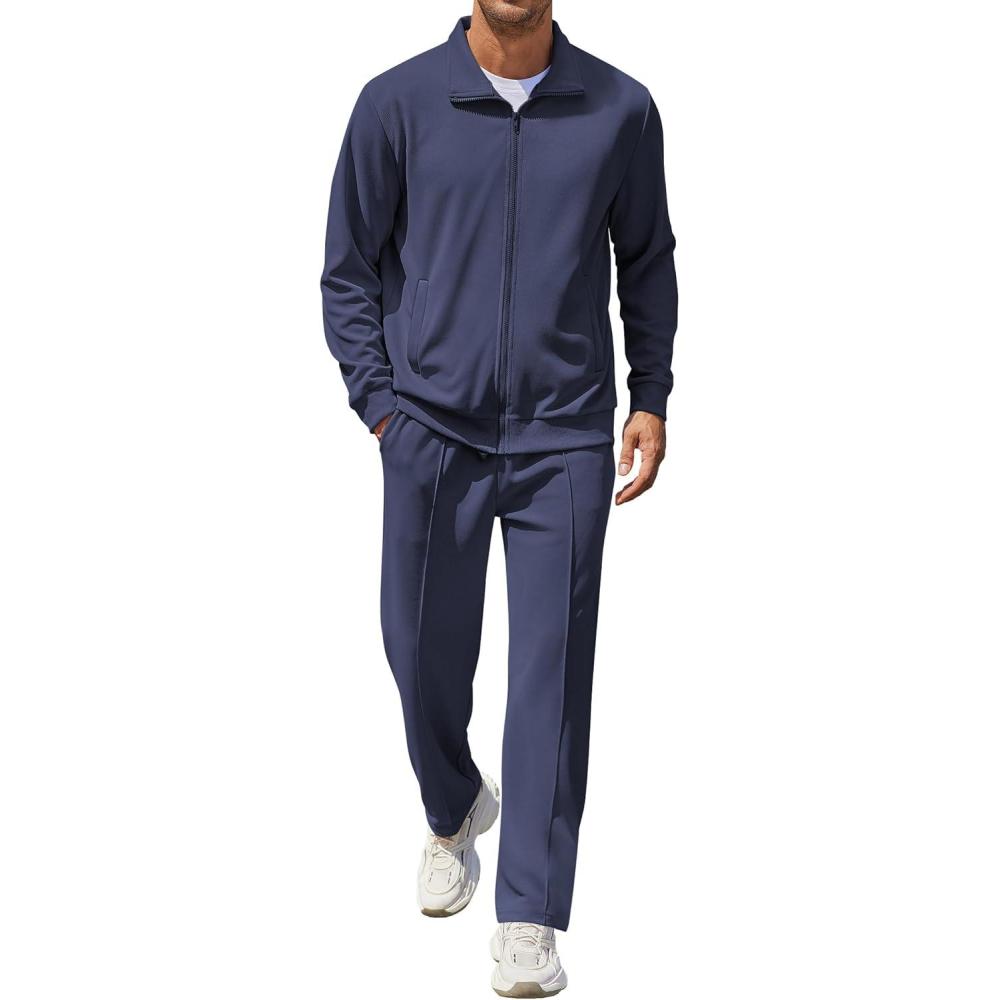 imageCOOFANDY Mens Casual Sweatsuit 2 Piece Athletic Full Zip Tracksuit Jacquard Jogging Set Fashion Jackets And Pants OutfitNavy Blue