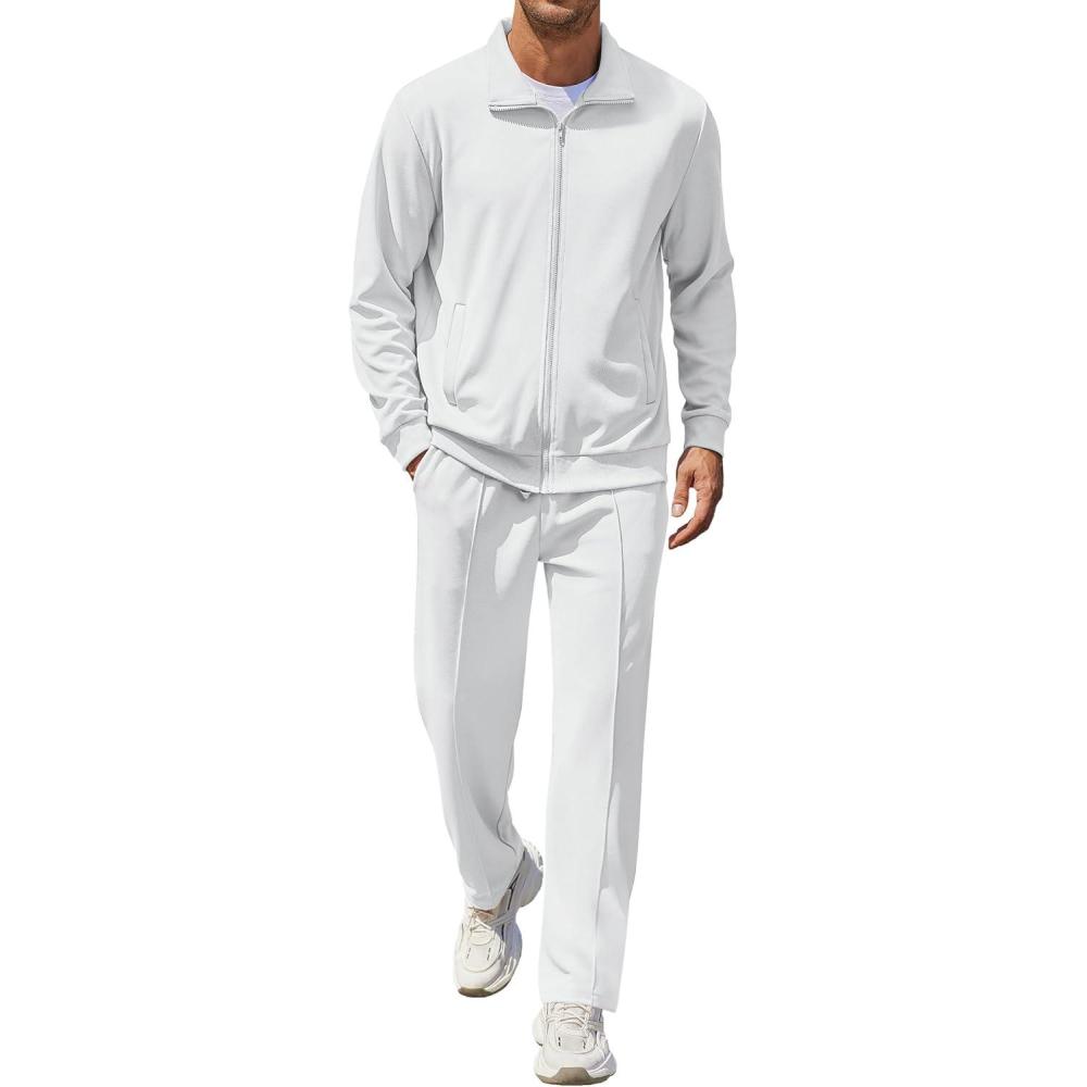 imageCOOFANDY Mens Casual Sweatsuit 2 Piece Athletic Full Zip Tracksuit Jacquard Jogging Set Fashion Jackets And Pants OutfitWhite