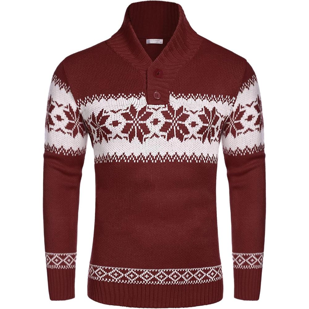 imageCOOFANDY Mens Christmas Sweater Ugly Knitted Xmas Sweaters Casual Snowflake Pullover KnitwearWine Red