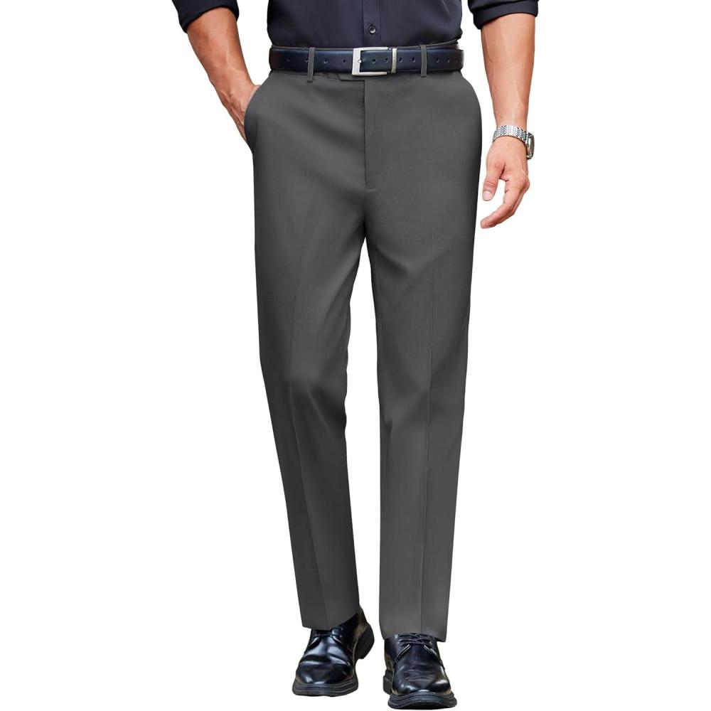 imageCOOFANDY Mens Classic Casual Dress Pants Expandable Waist Suit Pant Slim Fit Flat Front SlacksDark Gery