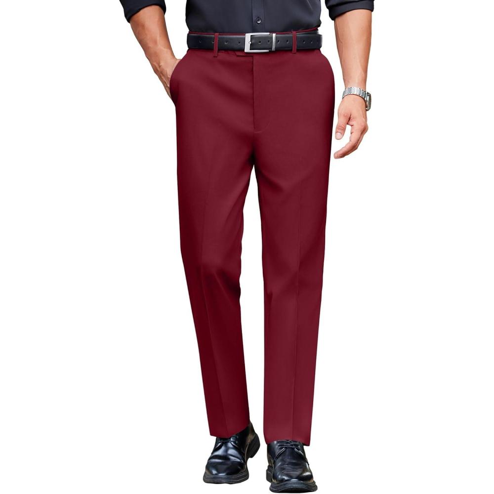 imageCOOFANDY Mens Classic Casual Dress Pants Expandable Waist Suit Pant Slim Fit Flat Front SlacksDark Red