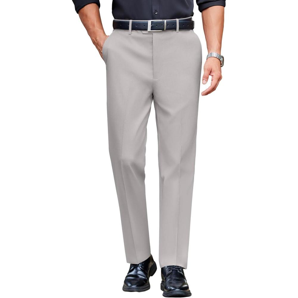 imageCOOFANDY Mens Classic Casual Dress Pants Expandable Waist Suit Pant Slim Fit Flat Front SlacksLight Grey