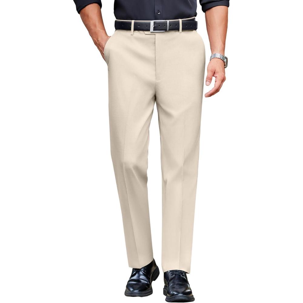 imageCOOFANDY Mens Classic Casual Dress Pants Expandable Waist Suit Pant Slim Fit Flat Front SlacksSand