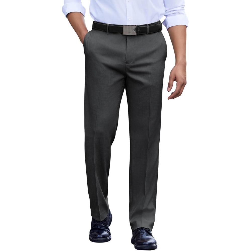 imageCOOFANDY Mens Classic Fit Dress Pants Flat Front Straight Casual Pant Expandable Waist Suit PantDark Gery