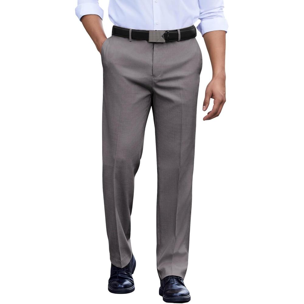 imageCOOFANDY Mens Classic Fit Dress Pants Flat Front Straight Casual Pant Expandable Waist Suit PantGrey