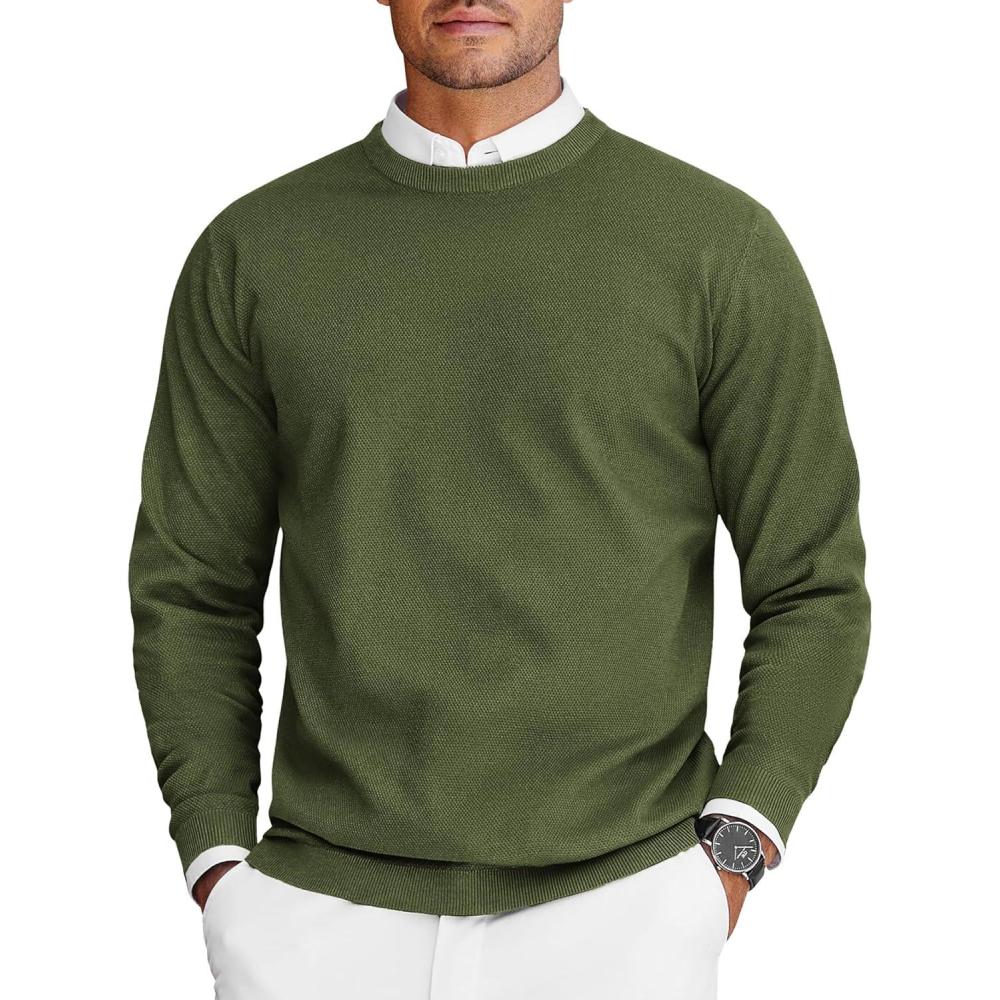 imageCOOFANDY Mens Crew Neck Sweaters Long Sleeve Lightweight Knit Dress Pullover SweatersArmy Green
