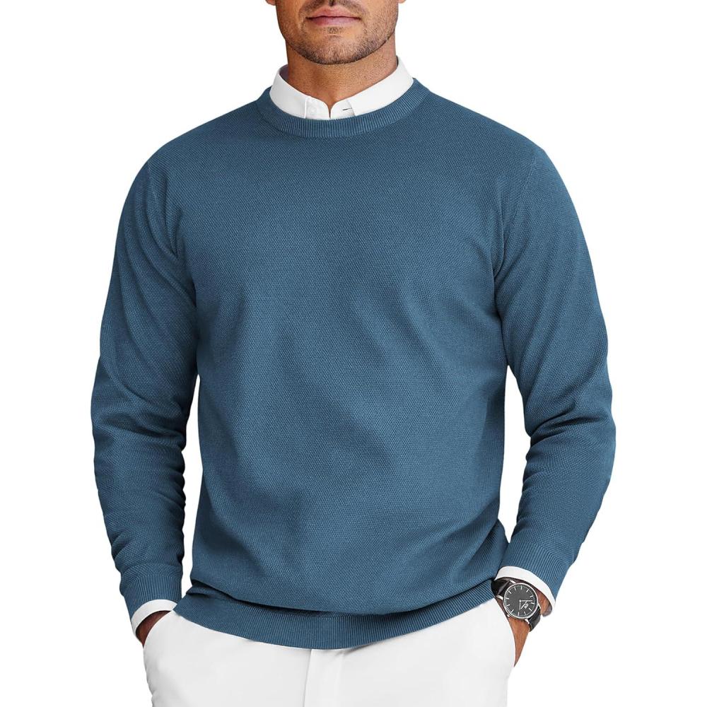 imageCOOFANDY Mens Crew Neck Sweaters Long Sleeve Lightweight Knit Dress Pullover SweatersBlue