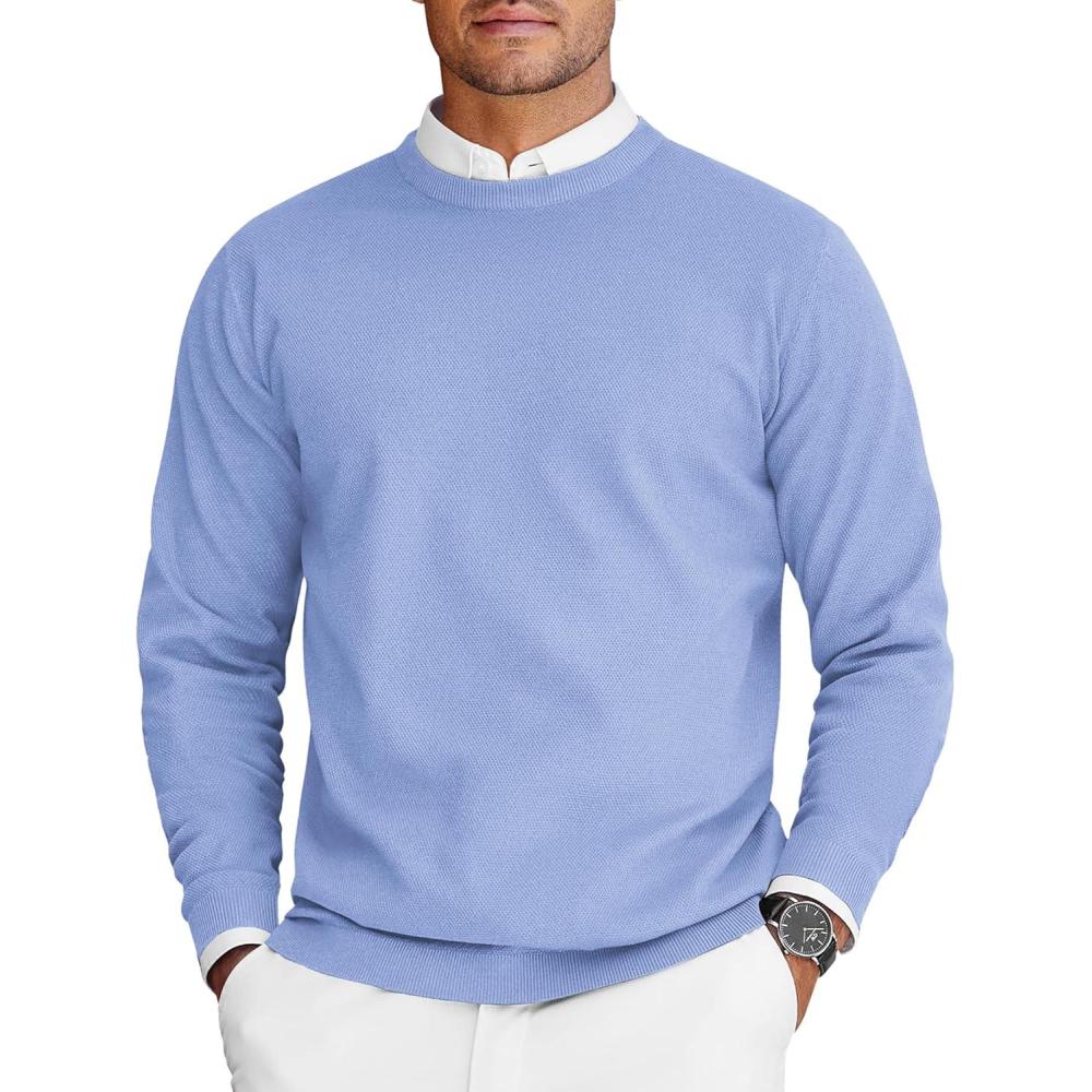 imageCOOFANDY Mens Crew Neck Sweaters Long Sleeve Lightweight Knit Dress Pullover SweatersClear Blue