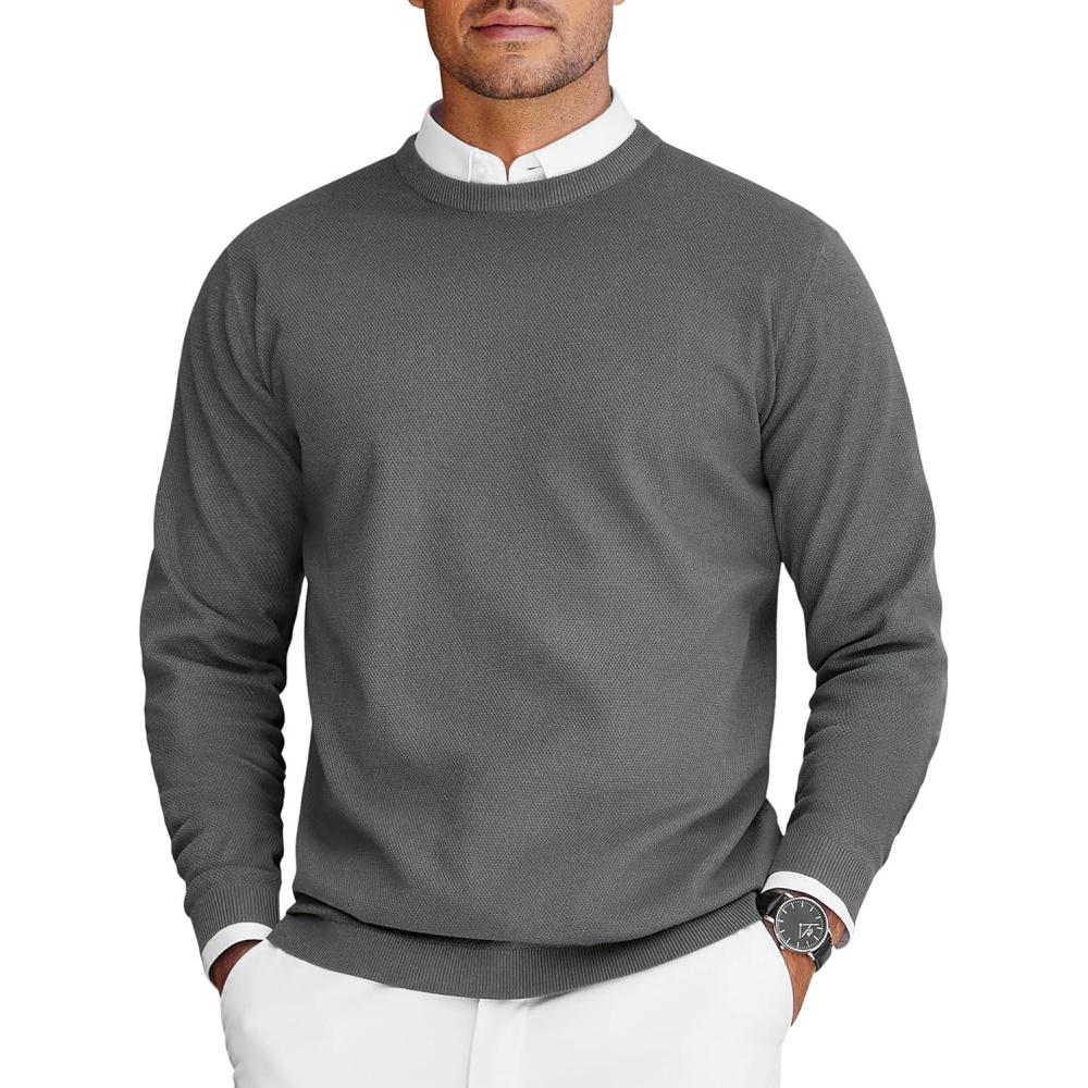imageCOOFANDY Mens Crew Neck Sweaters Long Sleeve Lightweight Knit Dress Pullover SweatersDark Gray