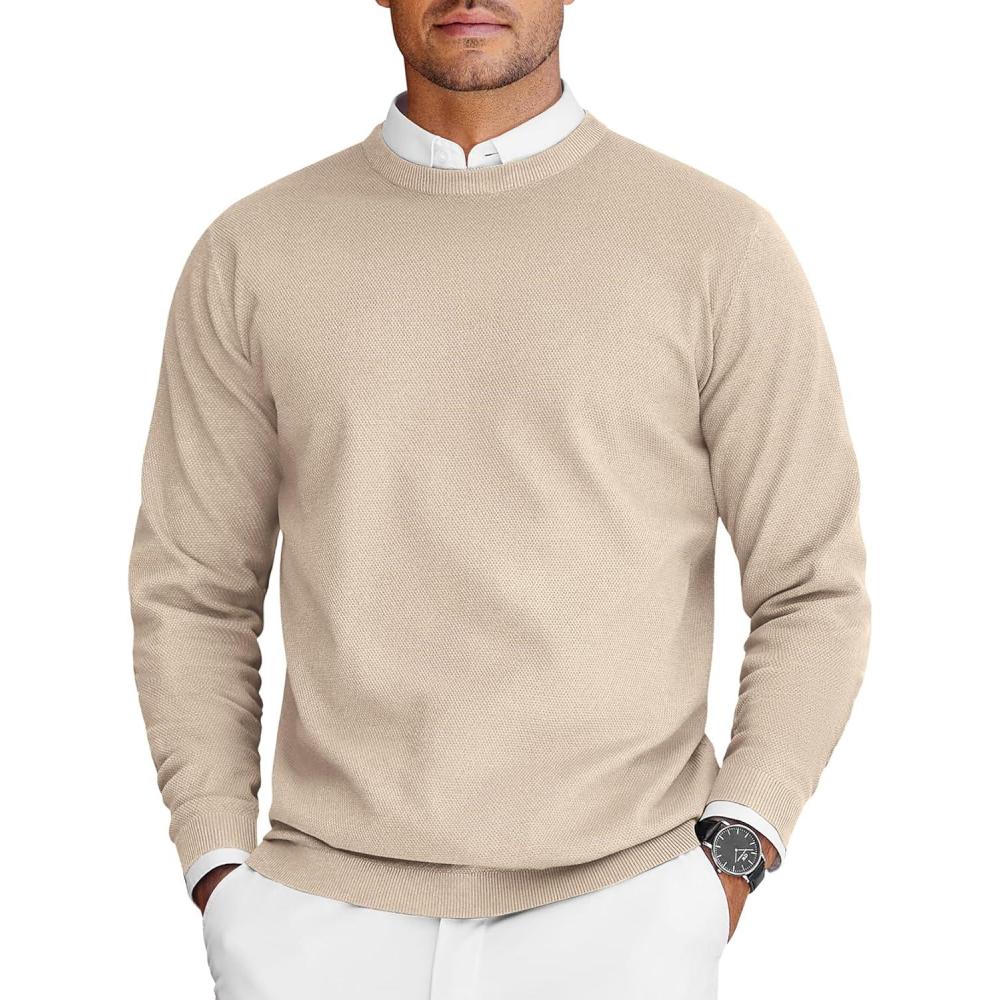 imageCOOFANDY Mens Crew Neck Sweaters Long Sleeve Lightweight Knit Dress Pullover SweatersKhaki