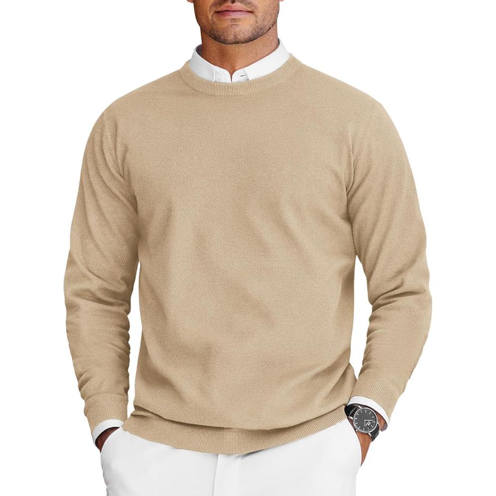 imageCOOFANDY Mens Crew Neck Sweaters Long Sleeve Lightweight Knit Dress Pullover SweatersLight Camel
