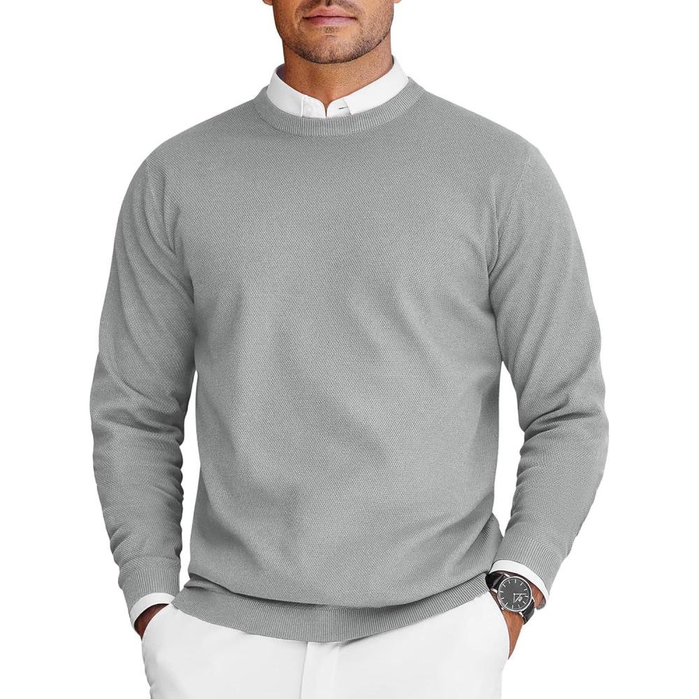 imageCOOFANDY Mens Crew Neck Sweaters Long Sleeve Lightweight Knit Dress Pullover SweatersLight Gray