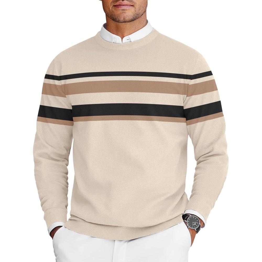 imageCOOFANDY Mens Crew Neck Sweaters Long Sleeve Lightweight Knit Dress Pullover SweatersStripeslight Apricot