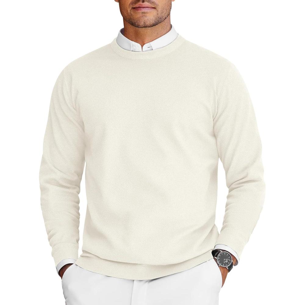 imageCOOFANDY Mens Crew Neck Sweaters Long Sleeve Lightweight Knit Dress Pullover SweatersWhite