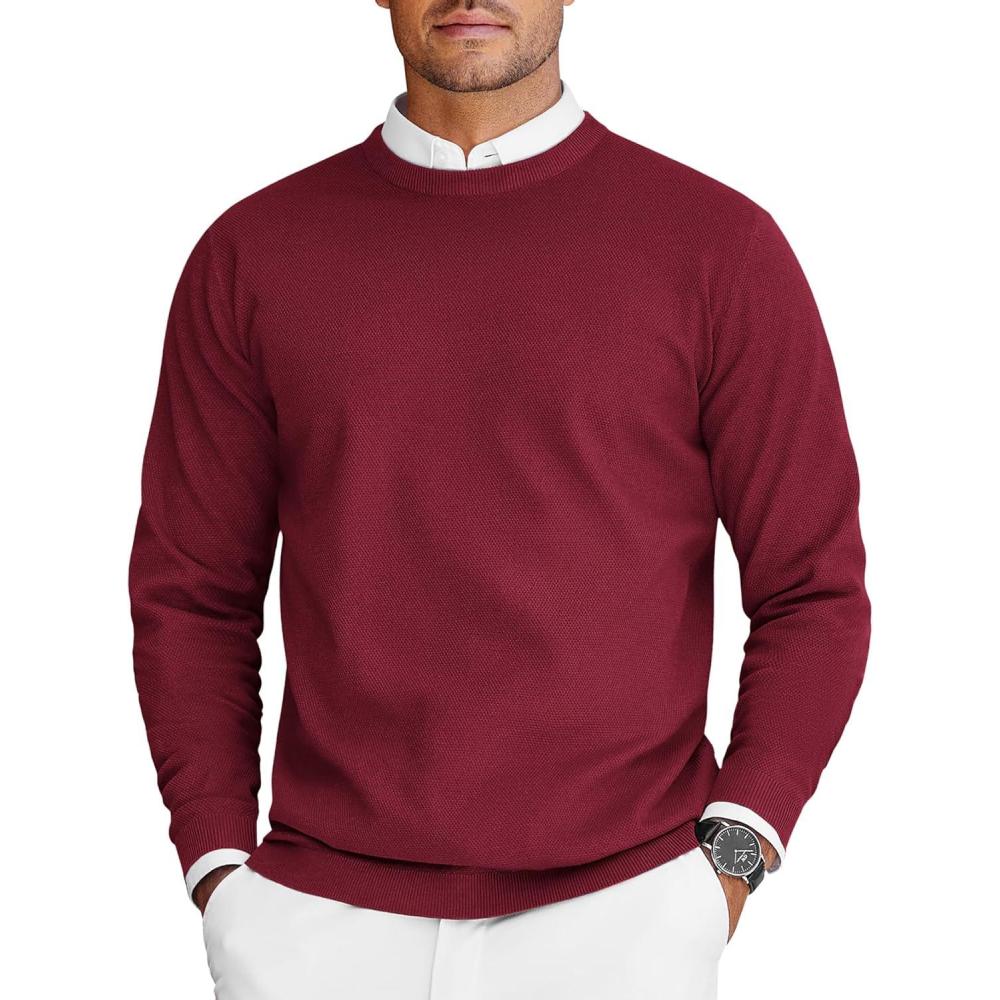 imageCOOFANDY Mens Crew Neck Sweaters Long Sleeve Lightweight Knit Dress Pullover SweatersWine Red