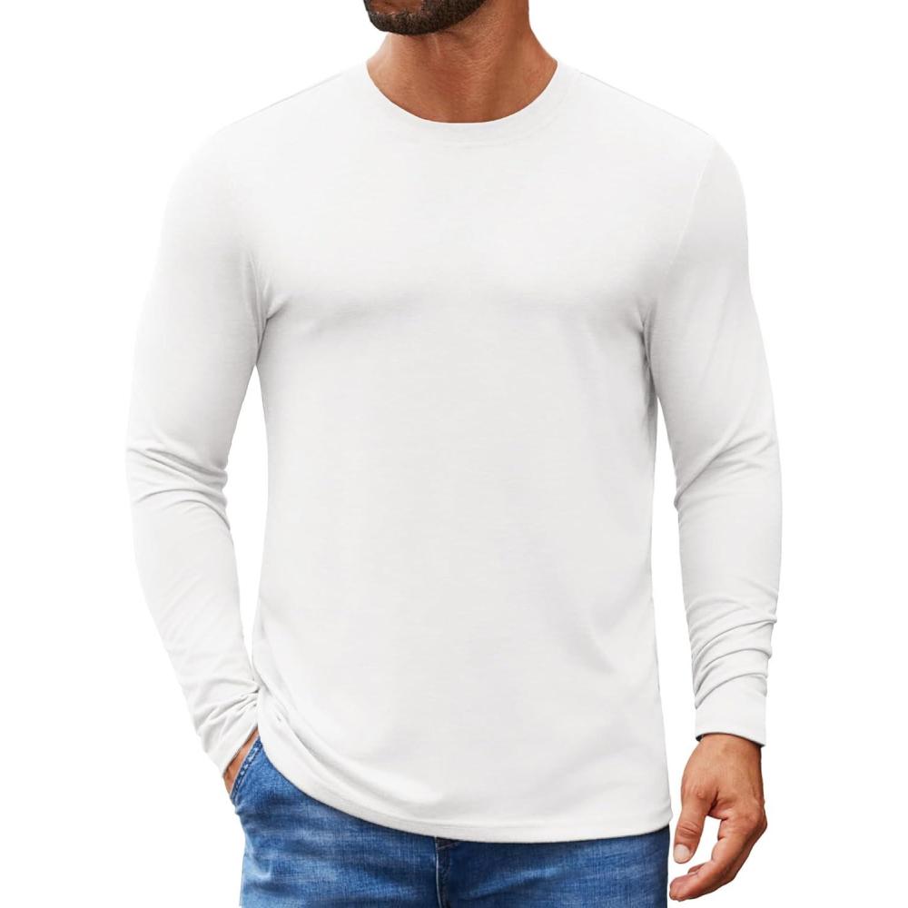 imageCOOFANDY Mens Crew Neck TShirt Long Sleeve Casual Pullover Tees Soft Stretch Basic Tee ShirtsAwhite