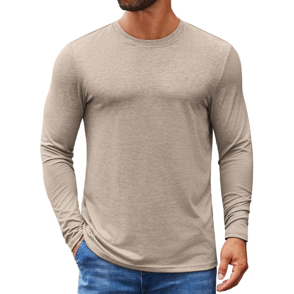 imageCOOFANDY Mens Crew Neck TShirt Long Sleeve Casual Pullover Tees Soft Stretch Basic Tee ShirtsKhaki