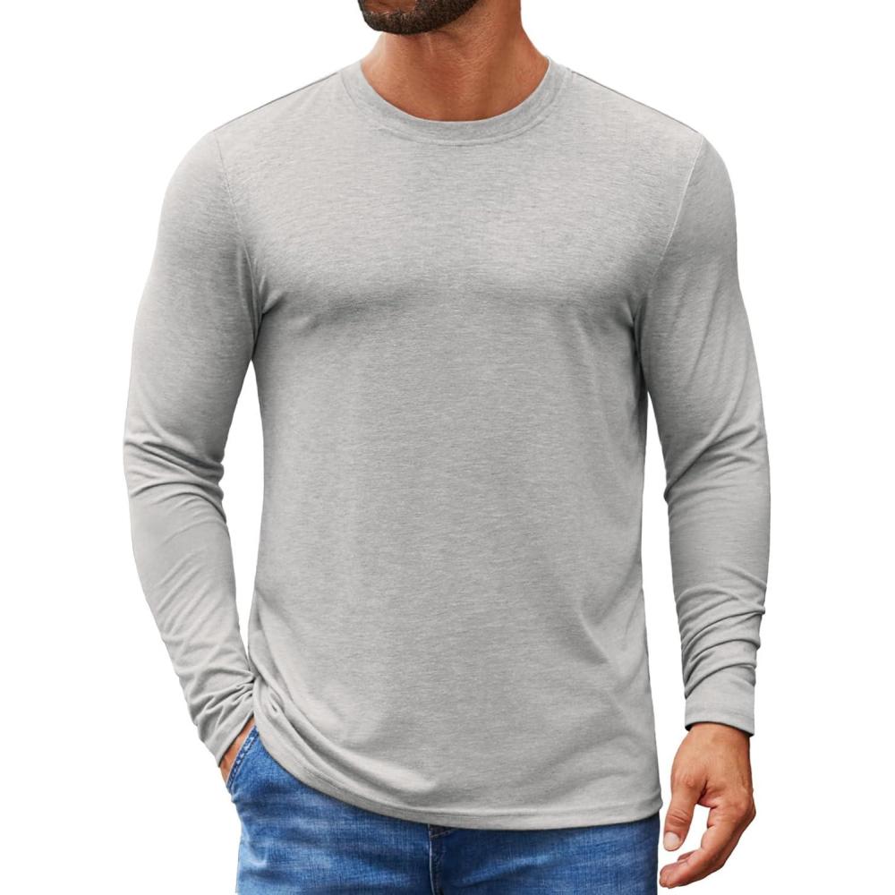 imageCOOFANDY Mens Crew Neck TShirt Long Sleeve Casual Pullover Tees Soft Stretch Basic Tee ShirtsLight Grey
