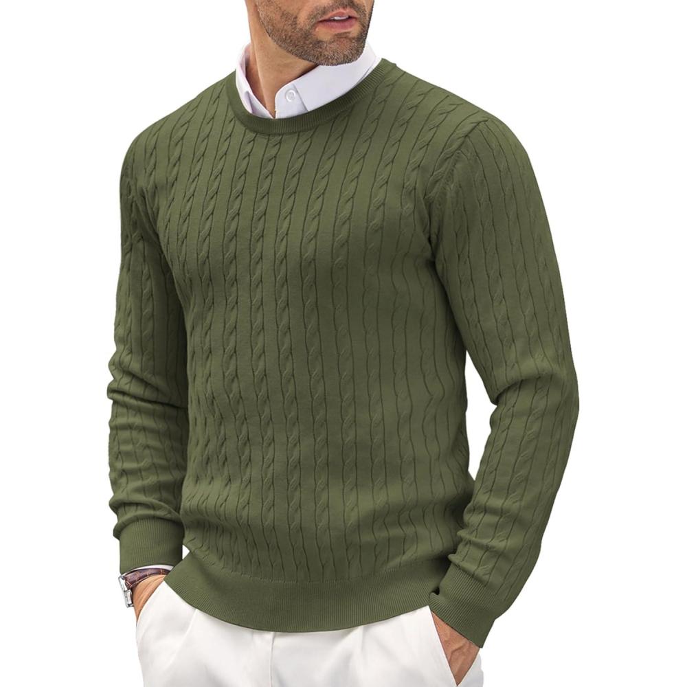 imageCOOFANDY Mens Crewneck Knit Sweater Slim Fit Lightweight Casual Twist Patterned Cable Knitted PulloverAarmygreen