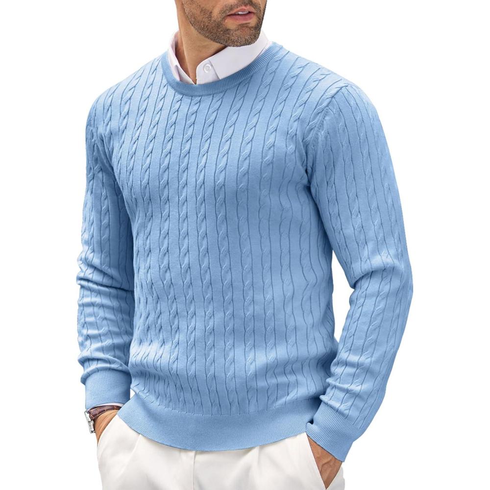 imageCOOFANDY Mens Crewneck Knit Sweater Slim Fit Lightweight Casual Twist Patterned Cable Knitted PulloverAblue