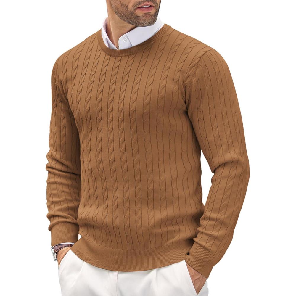 imageCOOFANDY Mens Crewneck Knit Sweater Slim Fit Lightweight Casual Twist Patterned Cable Knitted PulloverAbrown