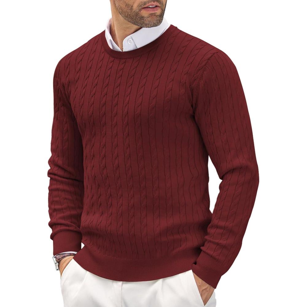imageCOOFANDY Mens Crewneck Knit Sweater Slim Fit Lightweight Casual Twist Patterned Cable Knitted PulloverAwine Red