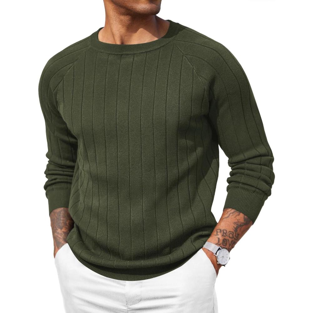imageCOOFANDY Mens Crewneck Pullover Sweaters Business Casual Long Sleeve Slim Fit Sweater Chunky Cable Knit SweaterArmy Green