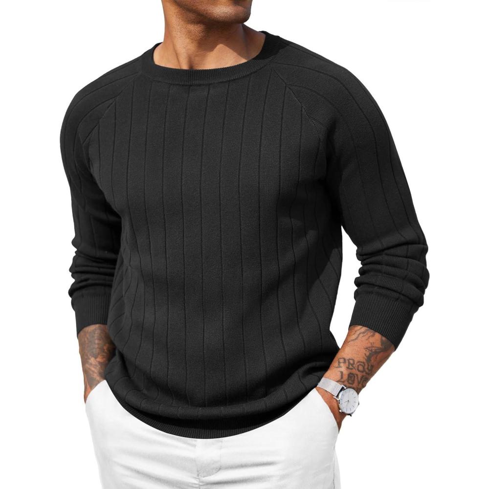 imageCOOFANDY Mens Crewneck Pullover Sweaters Business Casual Long Sleeve Slim Fit Sweater Chunky Cable Knit SweaterBlack