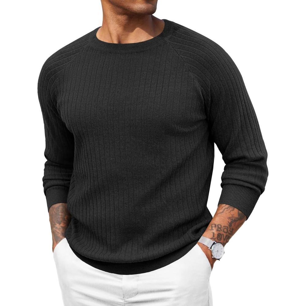 imageCOOFANDY Mens Crewneck Pullover Sweaters Business Casual Long Sleeve Slim Fit Sweater Chunky Cable Knit SweaterBlacknarrow Ribs