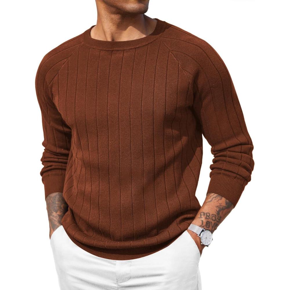 imageCOOFANDY Mens Crewneck Pullover Sweaters Business Casual Long Sleeve Slim Fit Sweater Chunky Cable Knit SweaterCaramel