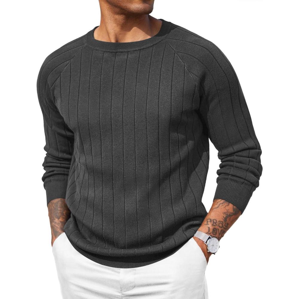imageCOOFANDY Mens Crewneck Pullover Sweaters Business Casual Long Sleeve Slim Fit Sweater Chunky Cable Knit SweaterDark Gray