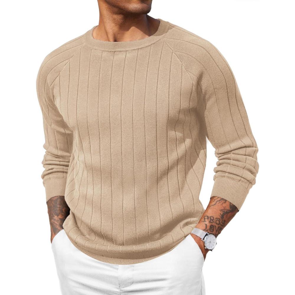 imageCOOFANDY Mens Crewneck Pullover Sweaters Business Casual Long Sleeve Slim Fit Sweater Chunky Cable Knit SweaterKhaki
