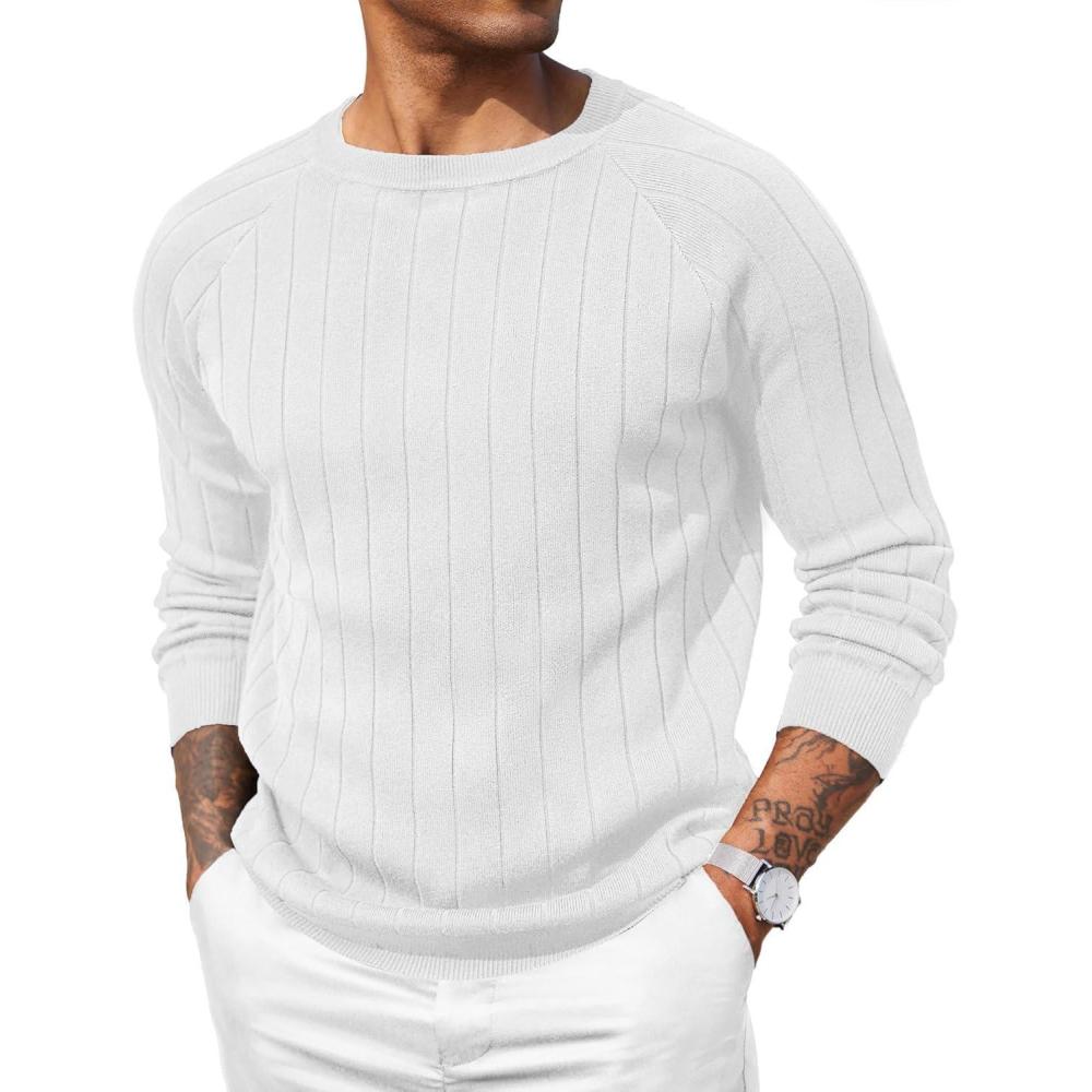 imageCOOFANDY Mens Crewneck Pullover Sweaters Business Casual Long Sleeve Slim Fit Sweater Chunky Cable Knit SweaterWhite