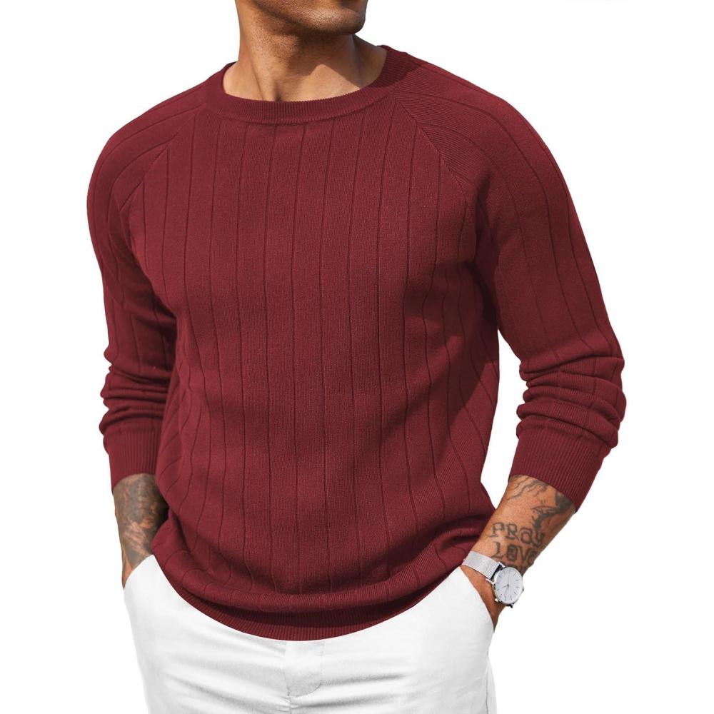 imageCOOFANDY Mens Crewneck Pullover Sweaters Business Casual Long Sleeve Slim Fit Sweater Chunky Cable Knit SweaterWine Red