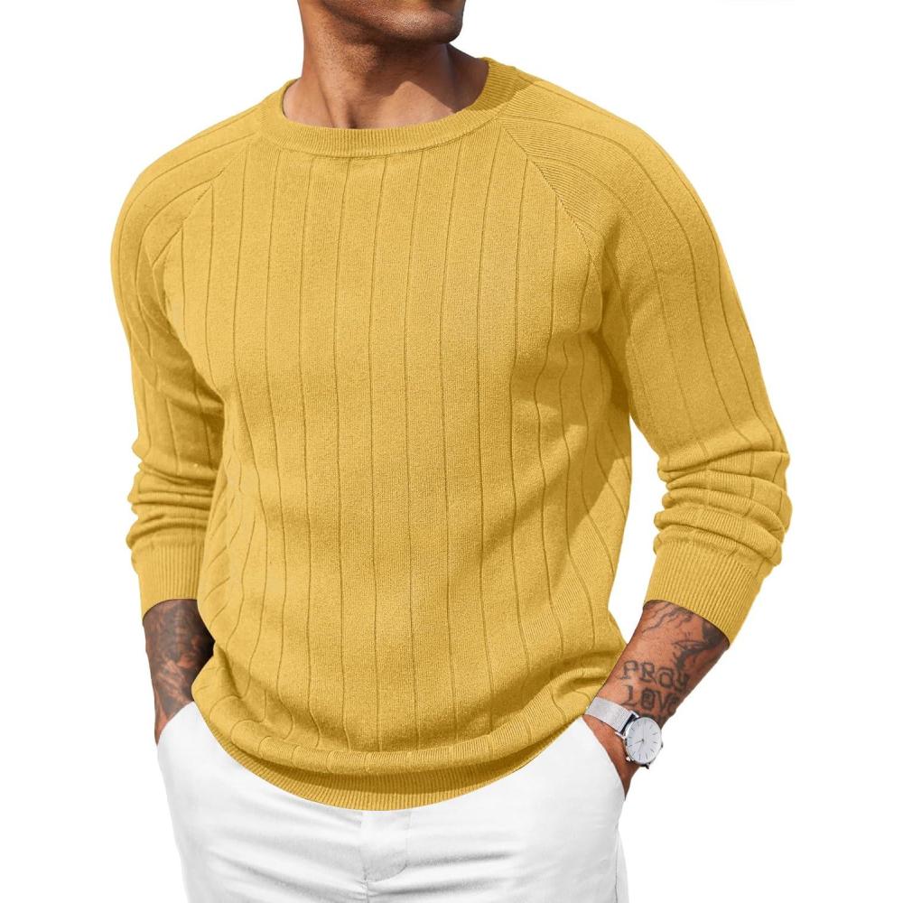 imageCOOFANDY Mens Crewneck Pullover Sweaters Business Casual Long Sleeve Slim Fit Sweater Chunky Cable Knit SweaterYellow